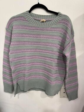Hem & Thread Mint Green and Lilac Striped Open Knit Sweater
